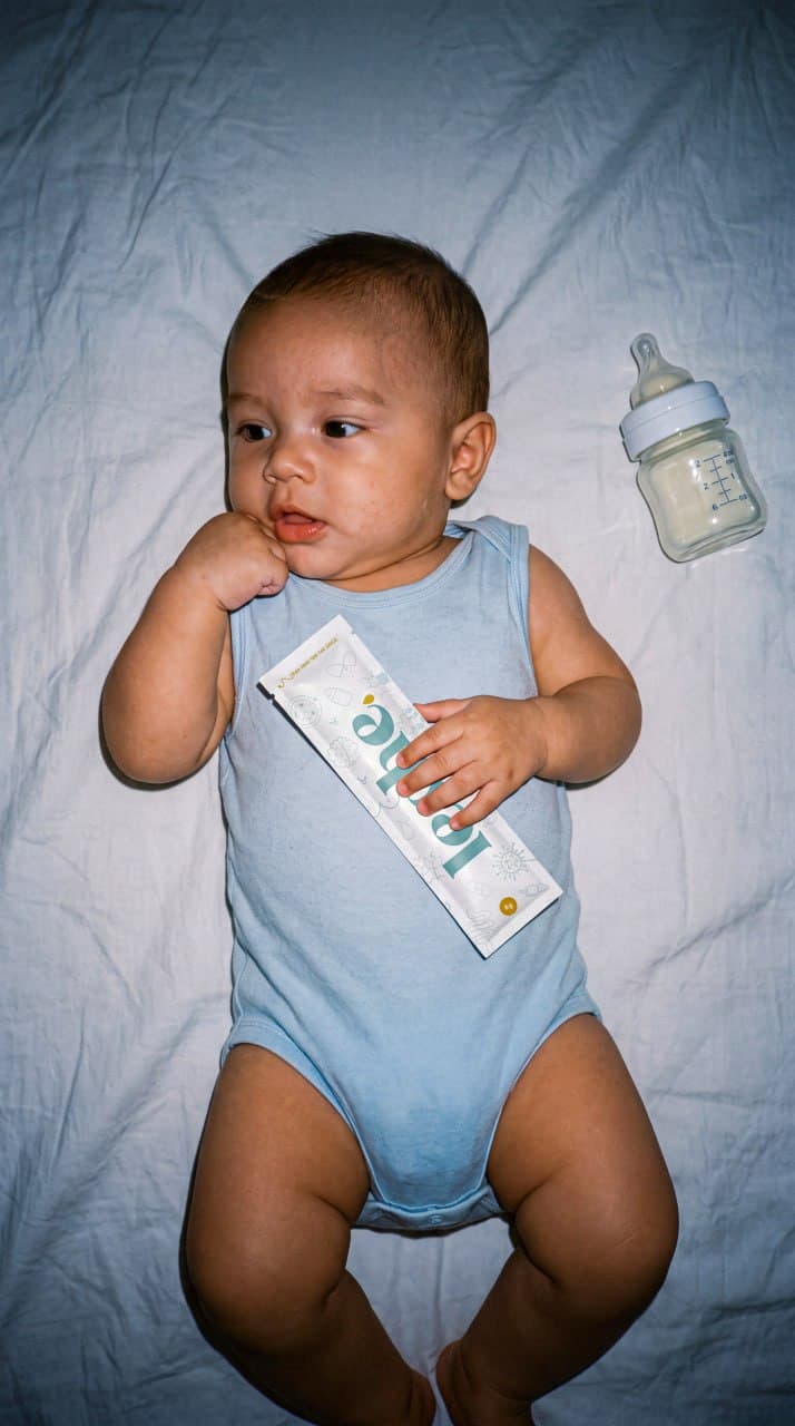 Baby holding a Leche milk packet beside a bottle